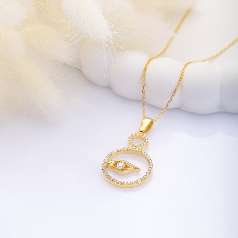 Round Evil Eye CZ Silver Charm Necklace