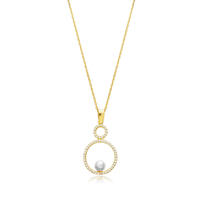 Round Pearl CZ Stone Silver Charm Necklace
