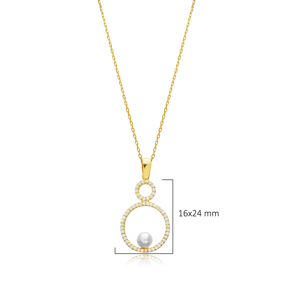 Round Pearl CZ Stone Silver Charm Necklace