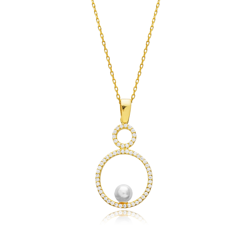 Round Pearl CZ Stone Silver Charm Necklace