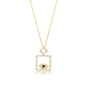 Square Evil Eye Sapphire CZ Silver Necklace