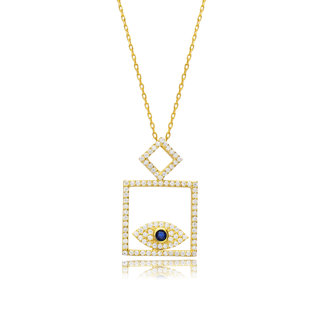 Square Evil Eye Sapphire CZ Silver Necklace