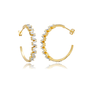 Baguette CZ Stone Silver Hoop Earrings