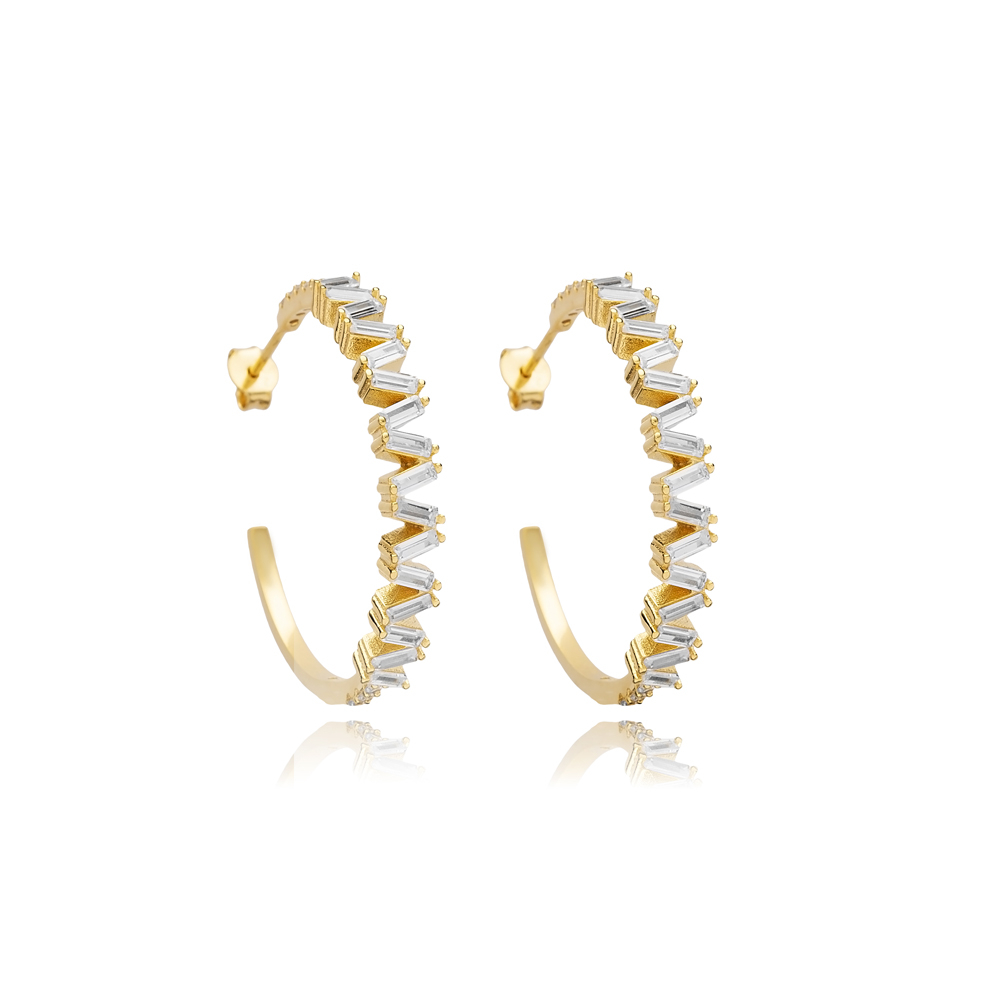 Baguette CZ Stone Silver Hoop Earrings