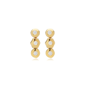 Hexagon Round Design Silver Stud Earrings