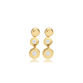 Round Plain and CZ Silver Stud Earrings