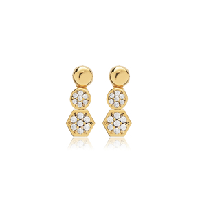 Hexagon Round Plain and CZ Stud Earrings