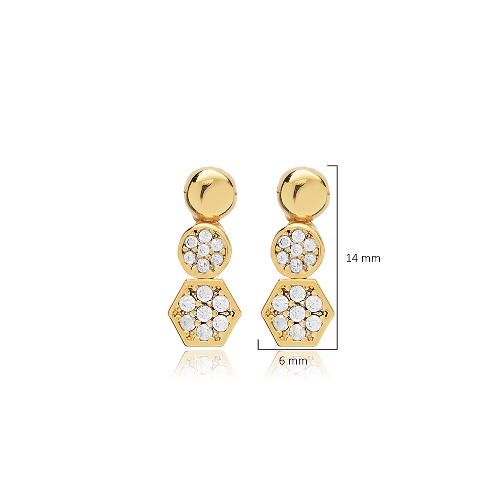 Hexagon Round Plain and CZ Stud Earrings