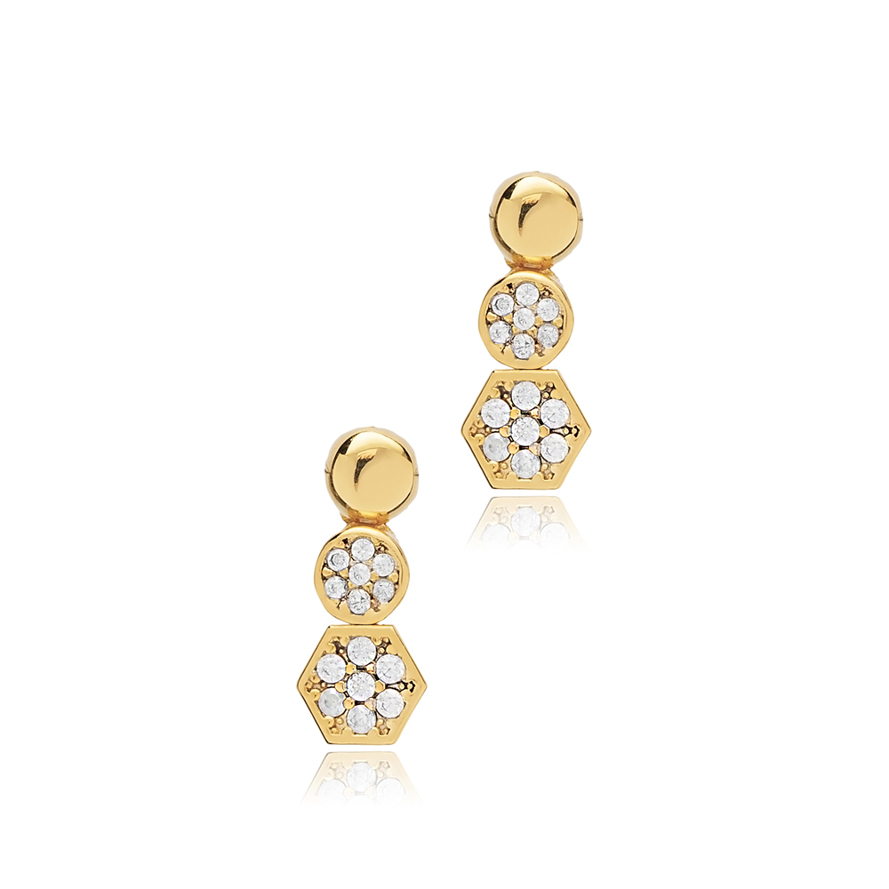 Hexagon Round Plain and CZ Stud Earrings