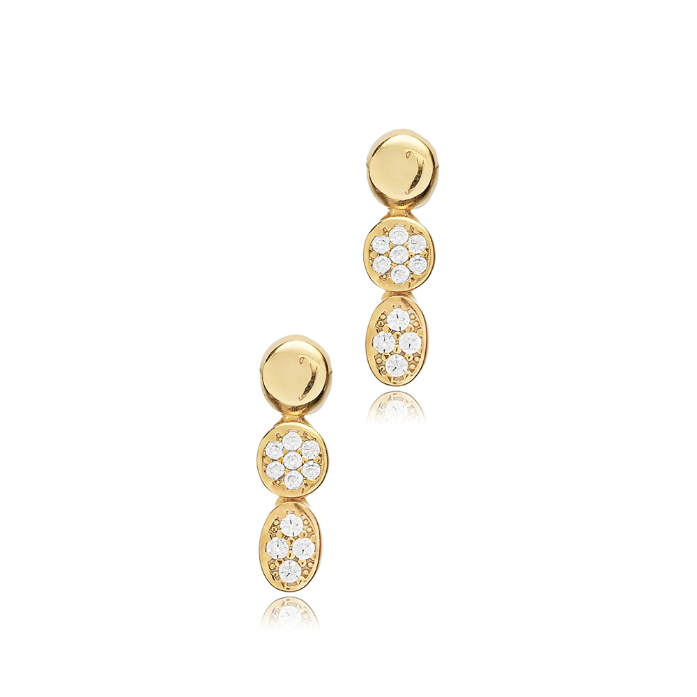 Oval Round Design CZ Silver Stud Earrings