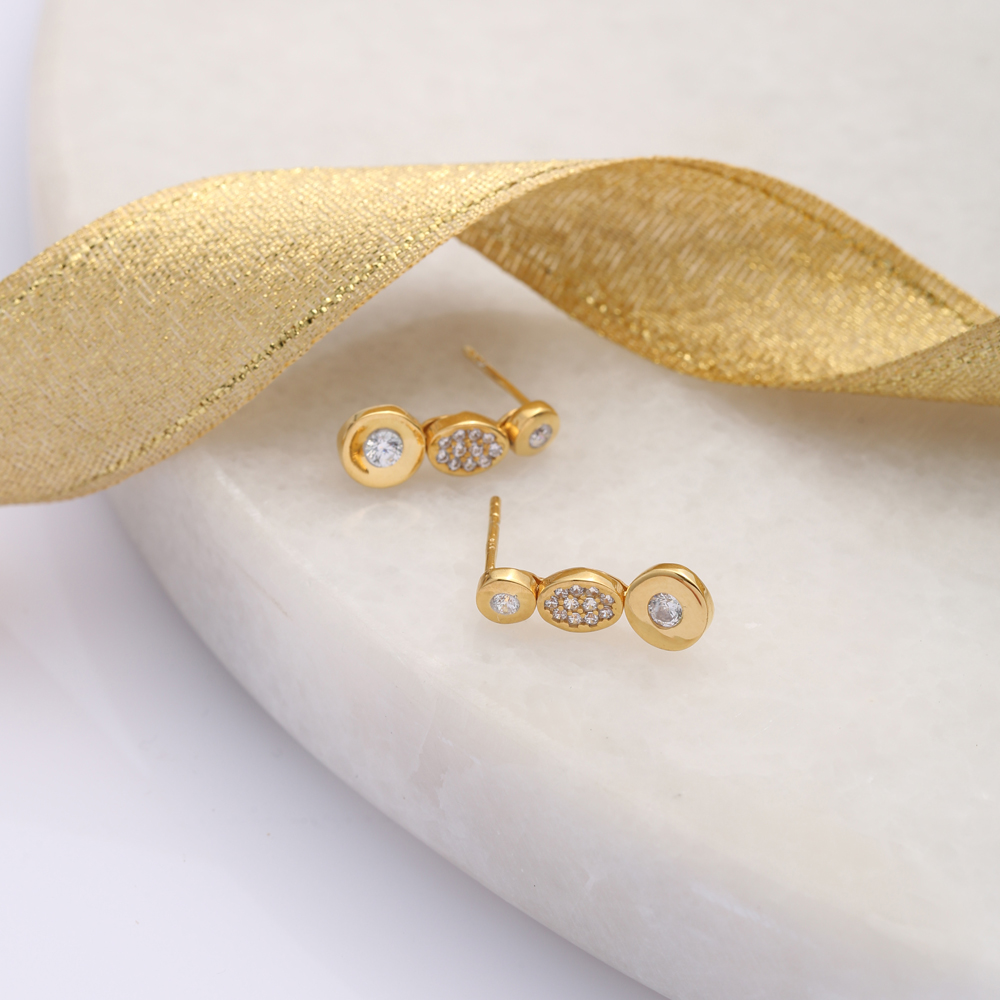 Oval CZ Round Shape Silver Stud Earrings