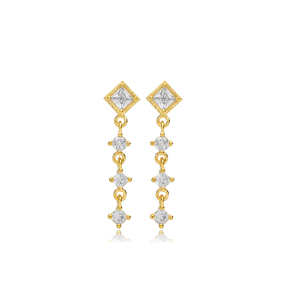Square Clear CZ Silver Long Stud Earrings