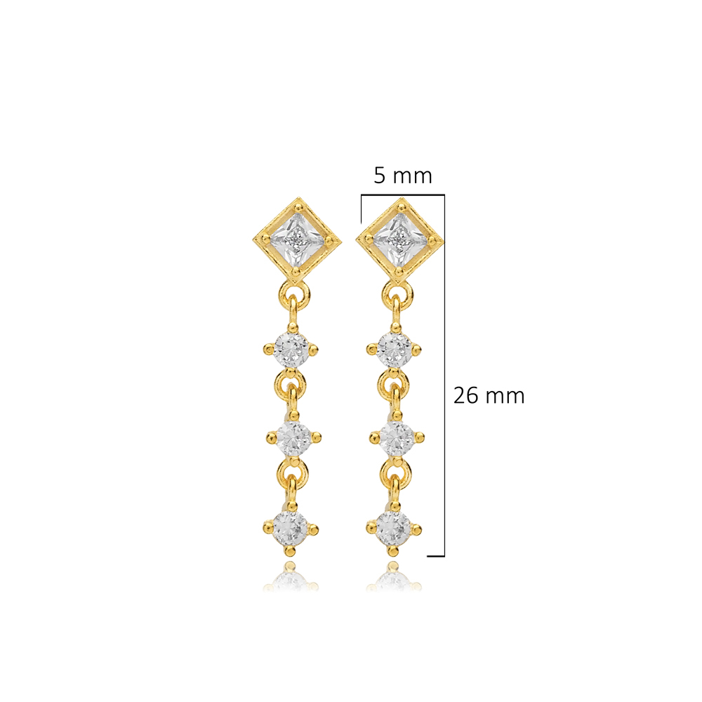 Square Clear CZ Silver Long Stud Earrings