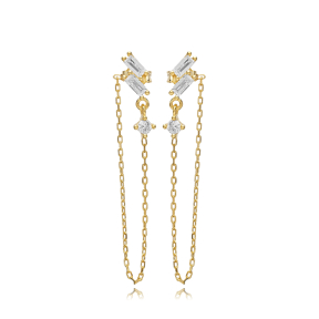Baguette CZ Chain Silver Stud Earrings