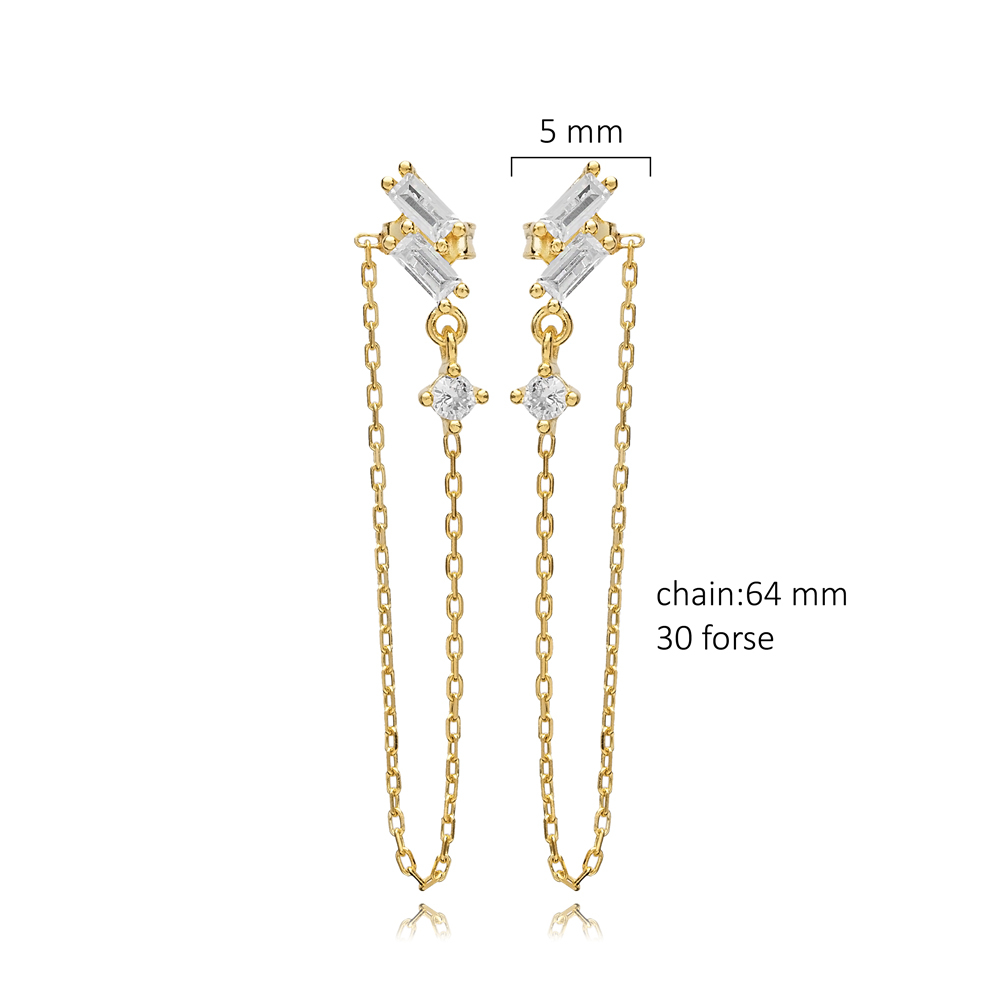 Baguette CZ Chain Silver Stud Earrings