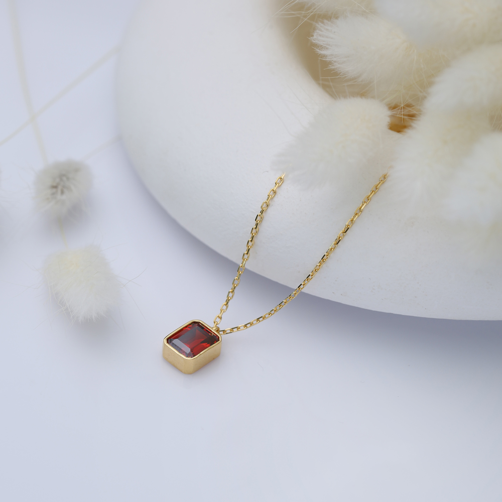 Square Shape Garnet Stone Minimalist Design Charm Necklace