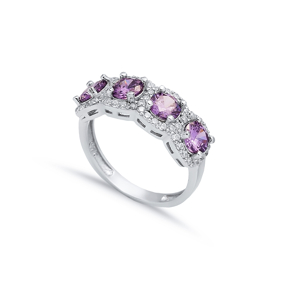 Five Stone Amethyst CZ Round Silver Ring
