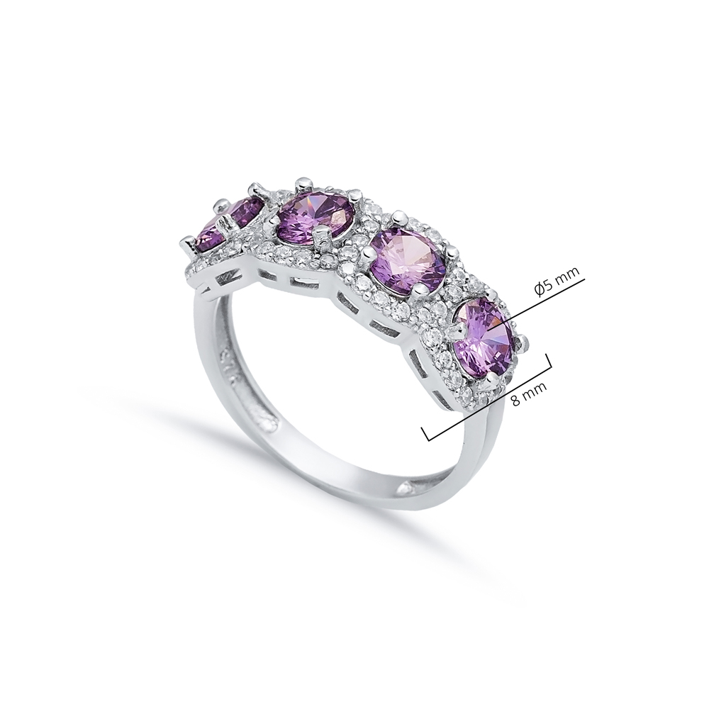 Five Stone Amethyst CZ Round Silver Ring