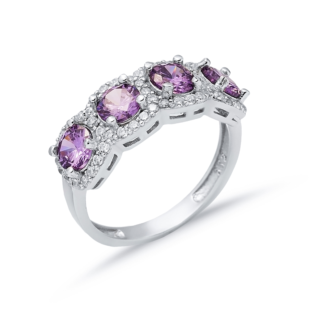 Five Stone Amethyst CZ Round Silver Ring