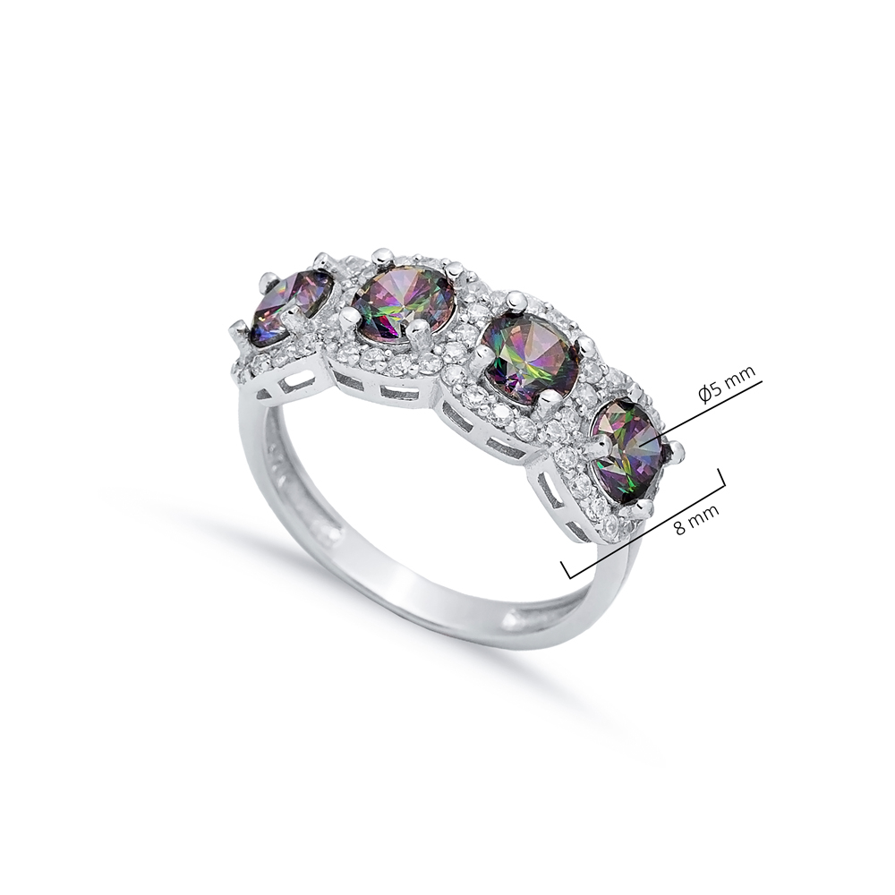 Mystic Topaz CZ Five Stone Round Silver Ring