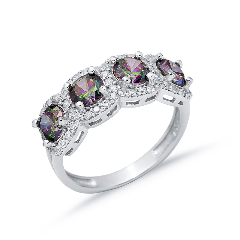 Mystic Topaz CZ Five Stone Round Silver Ring