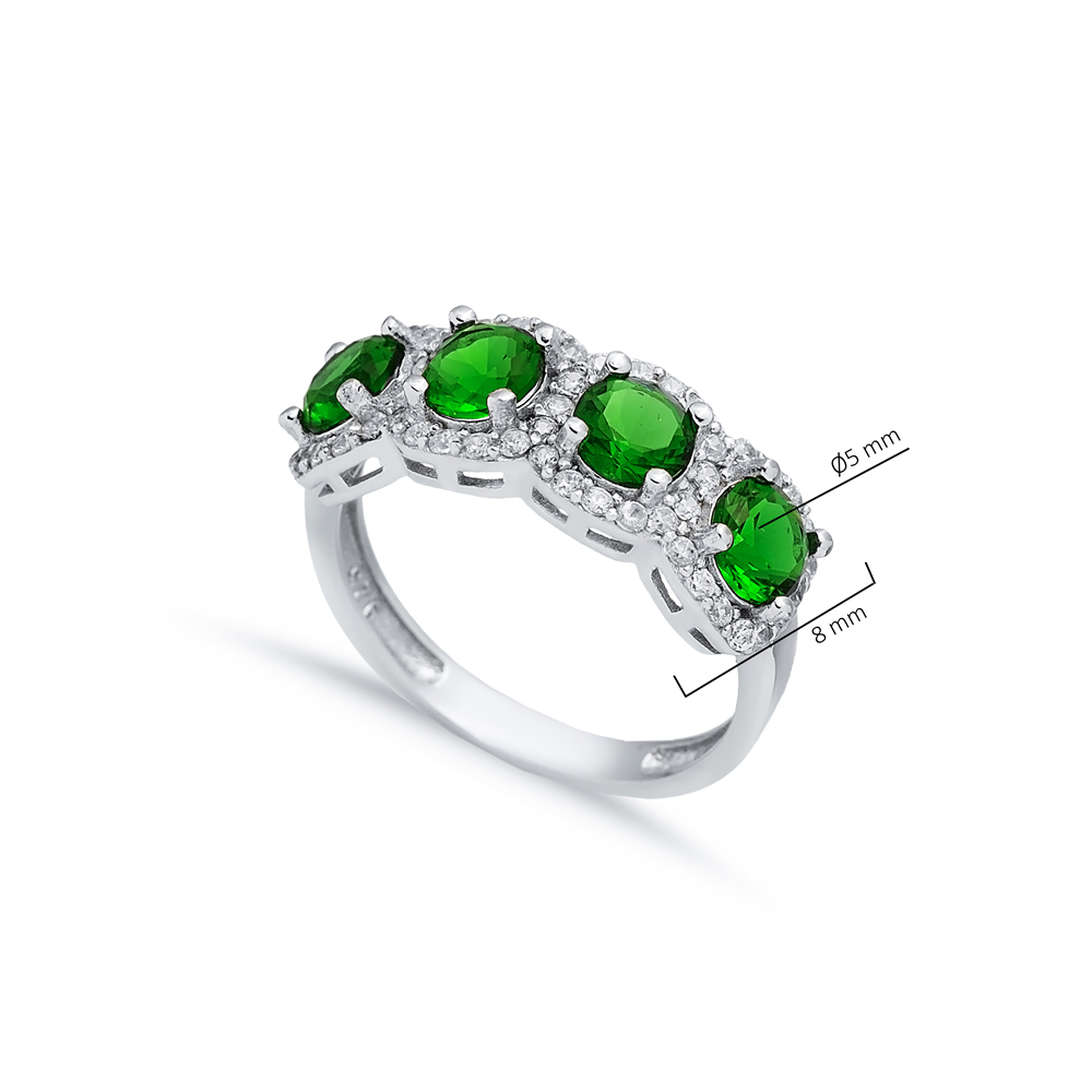 Emerald CZ Five Stone Round Silver Ring