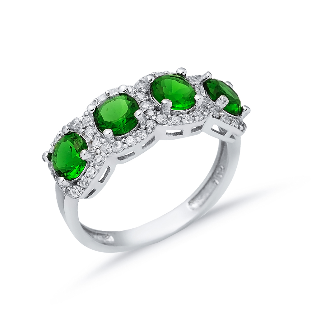 Emerald CZ Five Stone Round Silver Ring