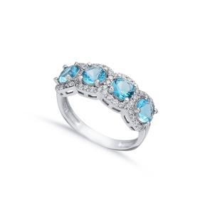 Aquamarine CZ Five Stone Round Silver Ring