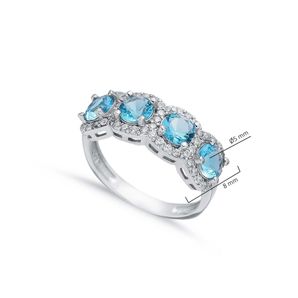 Aquamarine CZ Five Stone Round Silver Ring