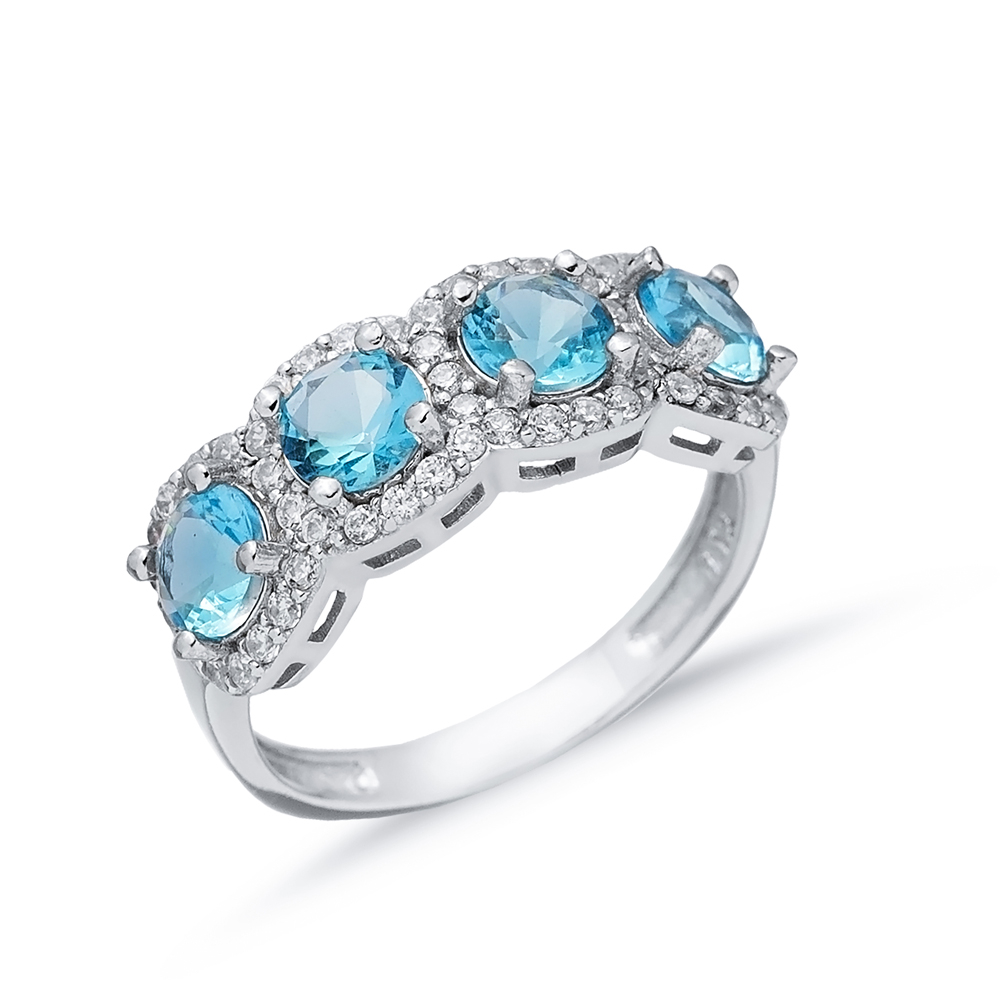 Aquamarine CZ Five Stone Round Silver Ring