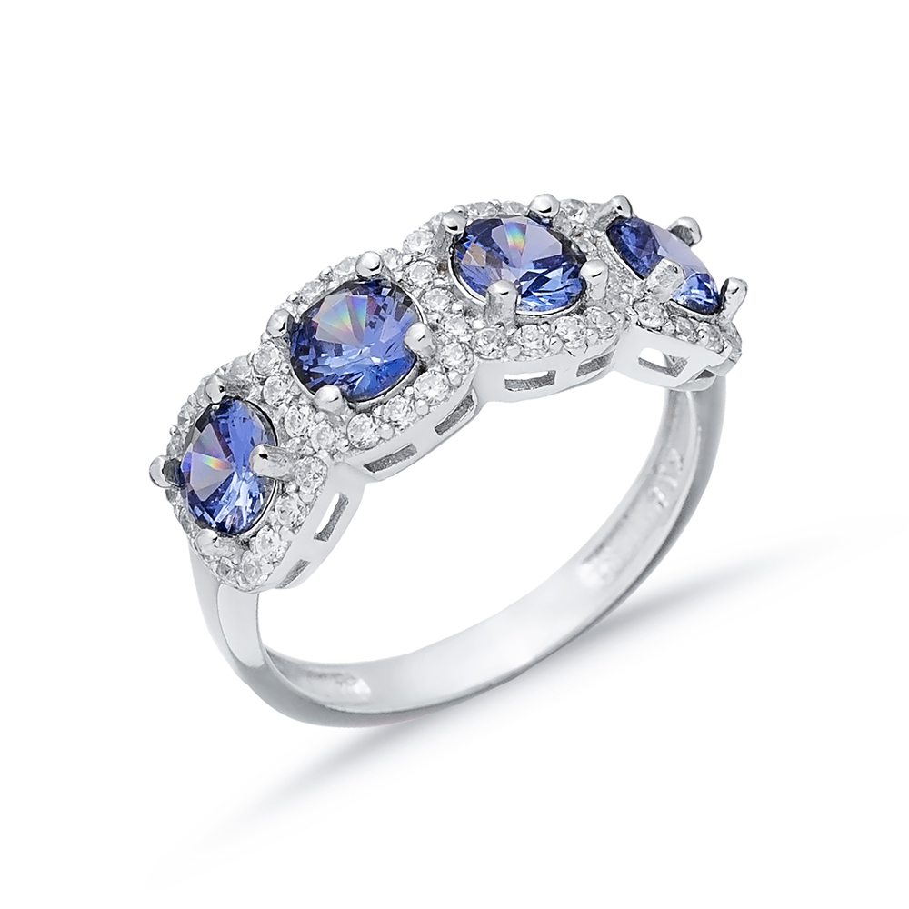 Tanzanite CZ Five Stone Round Silver Ring