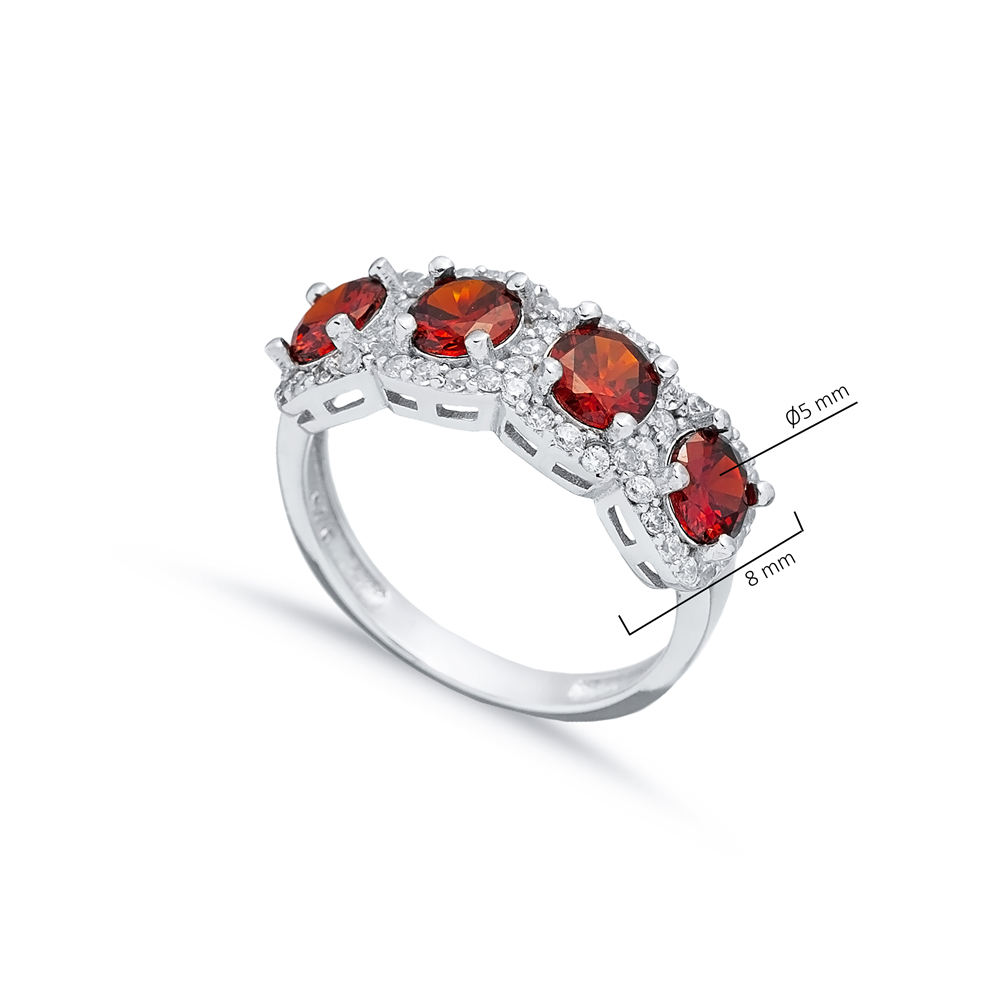 Garnet CZ Five Stone Round Silver Ring