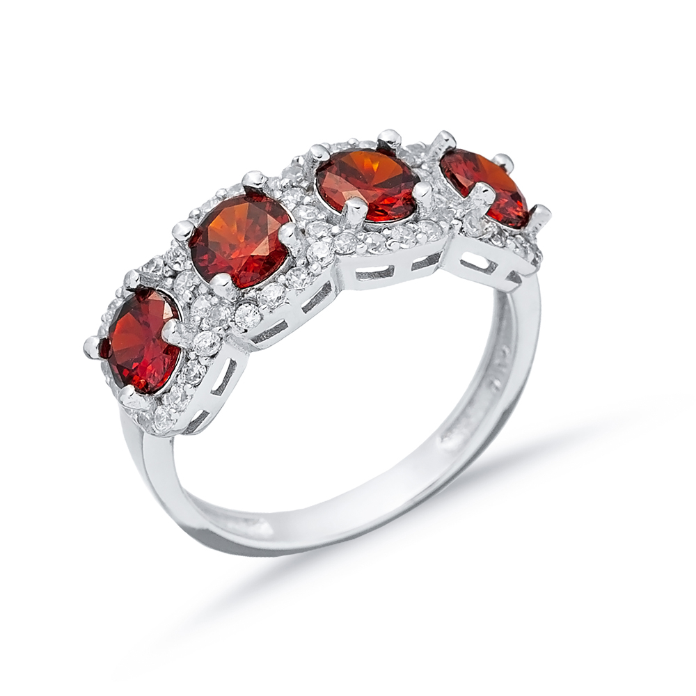 Garnet CZ Five Stone Round Silver Ring