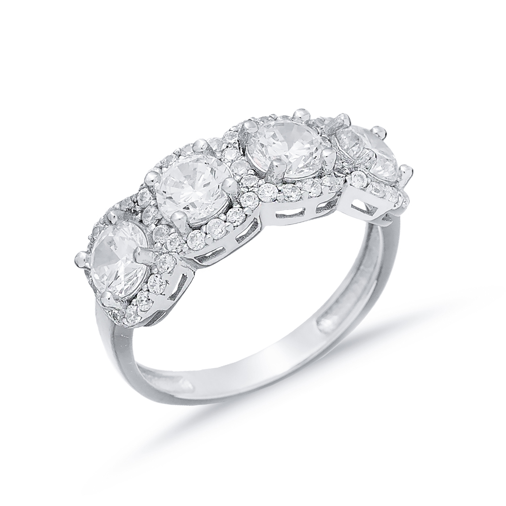 Clear CZ Five Stone Round Silver Ring