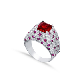 Square Ruby CZ Stones Silver Stony Cluster Ring
