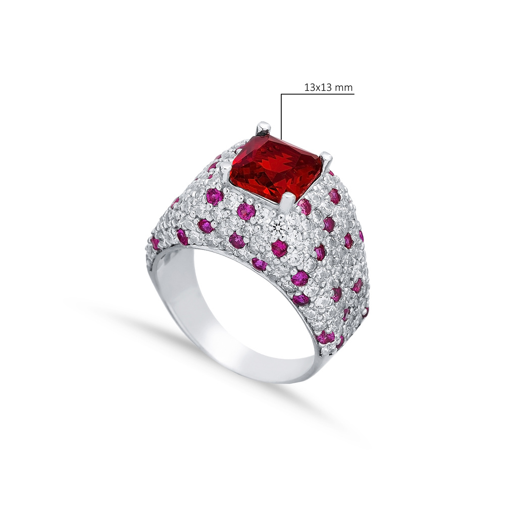 Square Ruby CZ Stones Silver Stony Cluster Ring