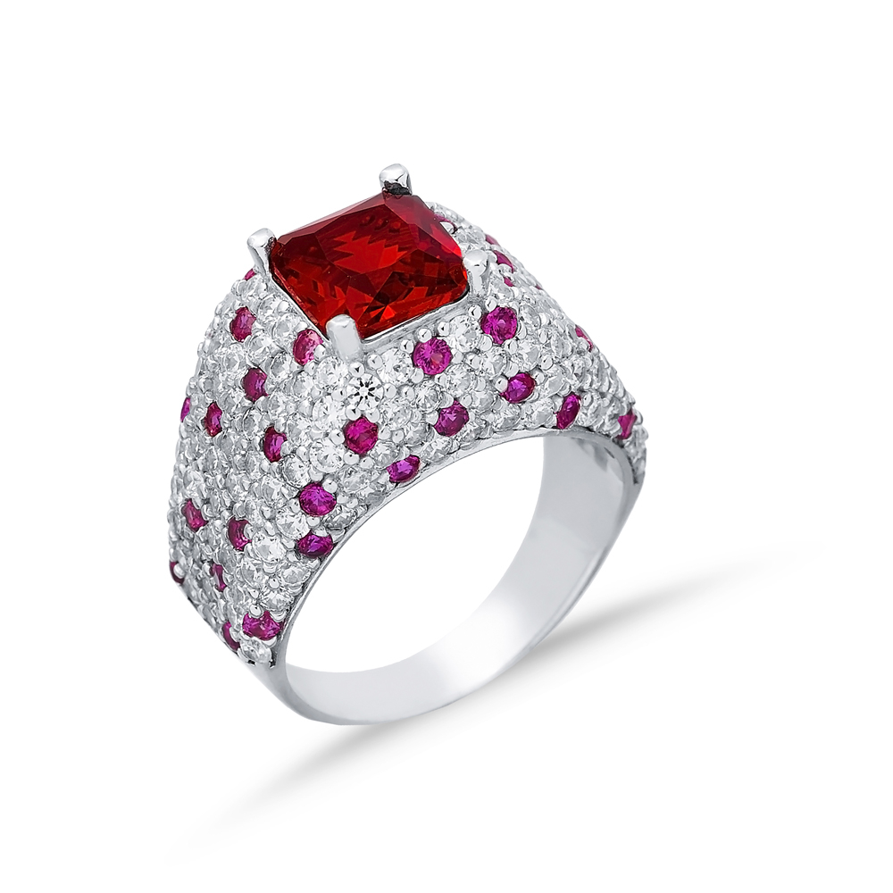 Square Ruby CZ Stones Silver Stony Cluster Ring