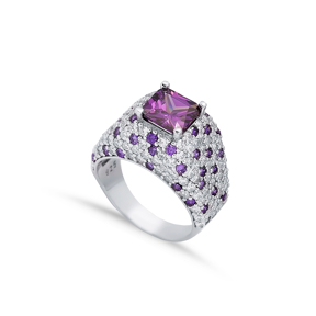 Amethyst Square CZ Stones Silver Stony Cluster Ring