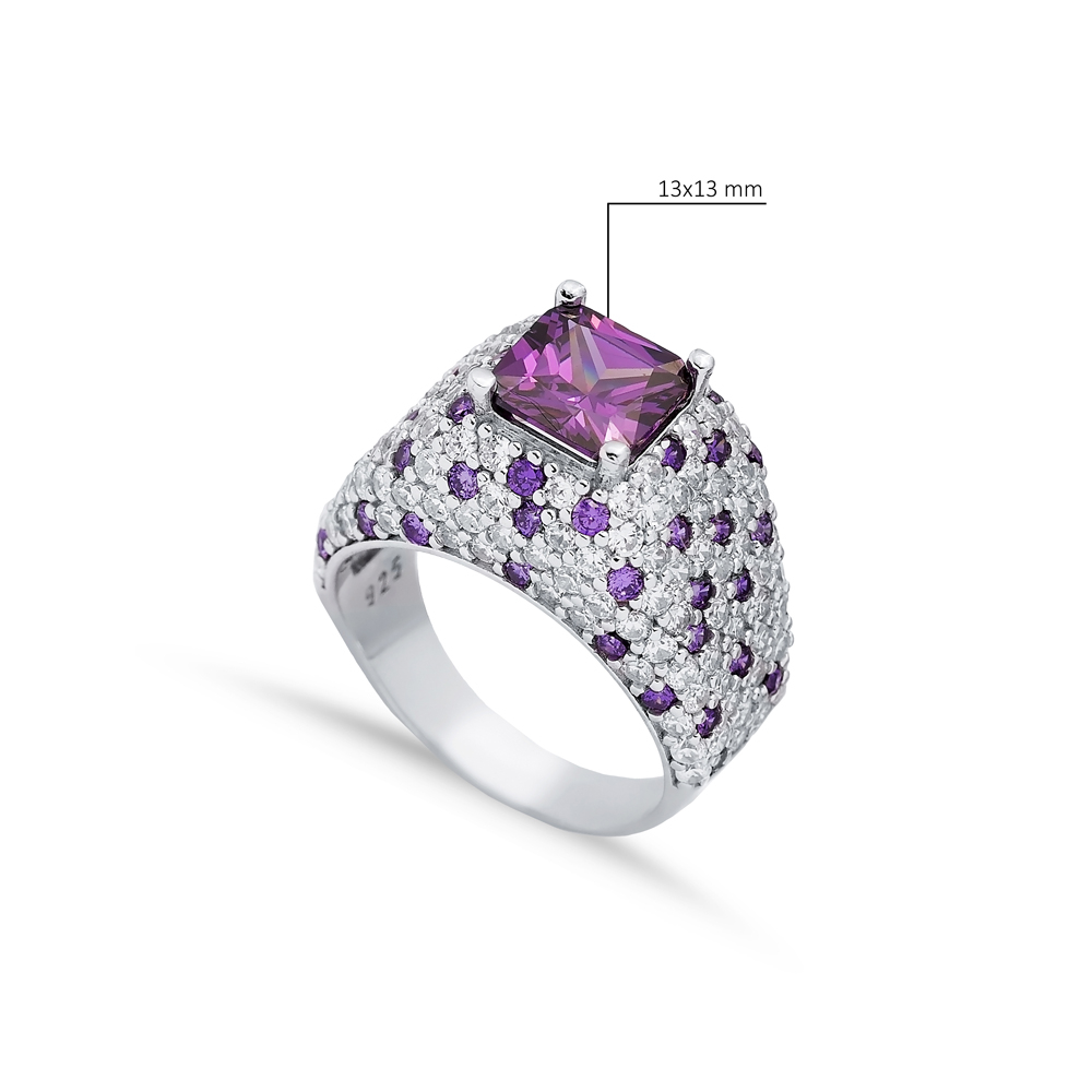 Amethyst Square CZ Stones Silver Stony Cluster Ring