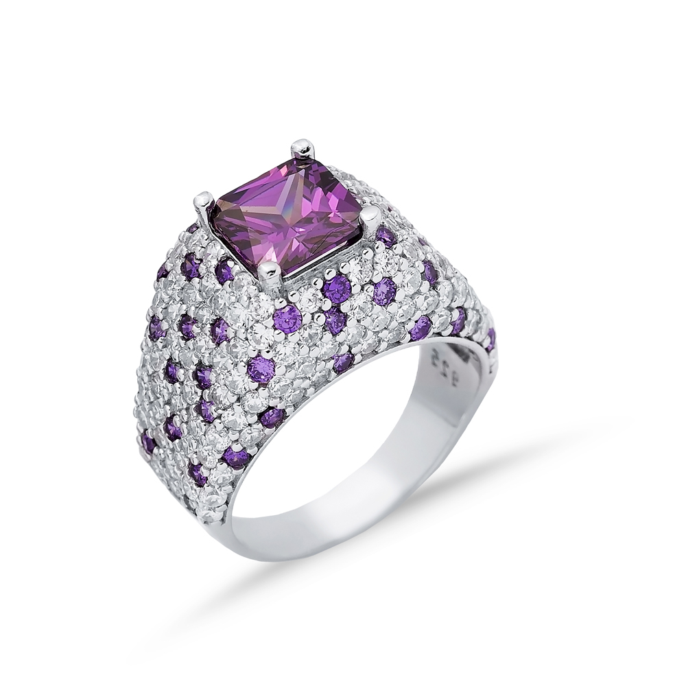 Amethyst Square CZ Stones Silver Stony Cluster Ring