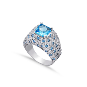 CZ Aquamarine Square Stones Silver Cluster Ring