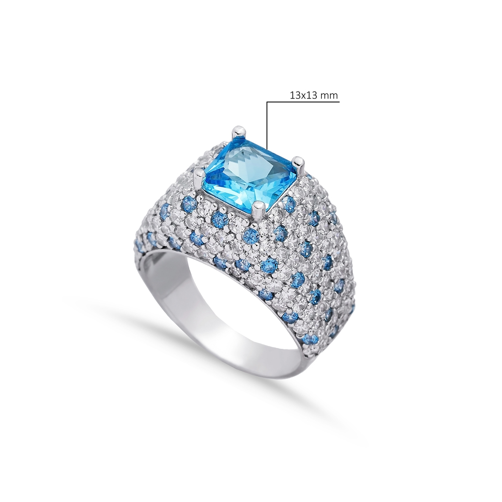 CZ Aquamarine Square Stones Silver Cluster Ring