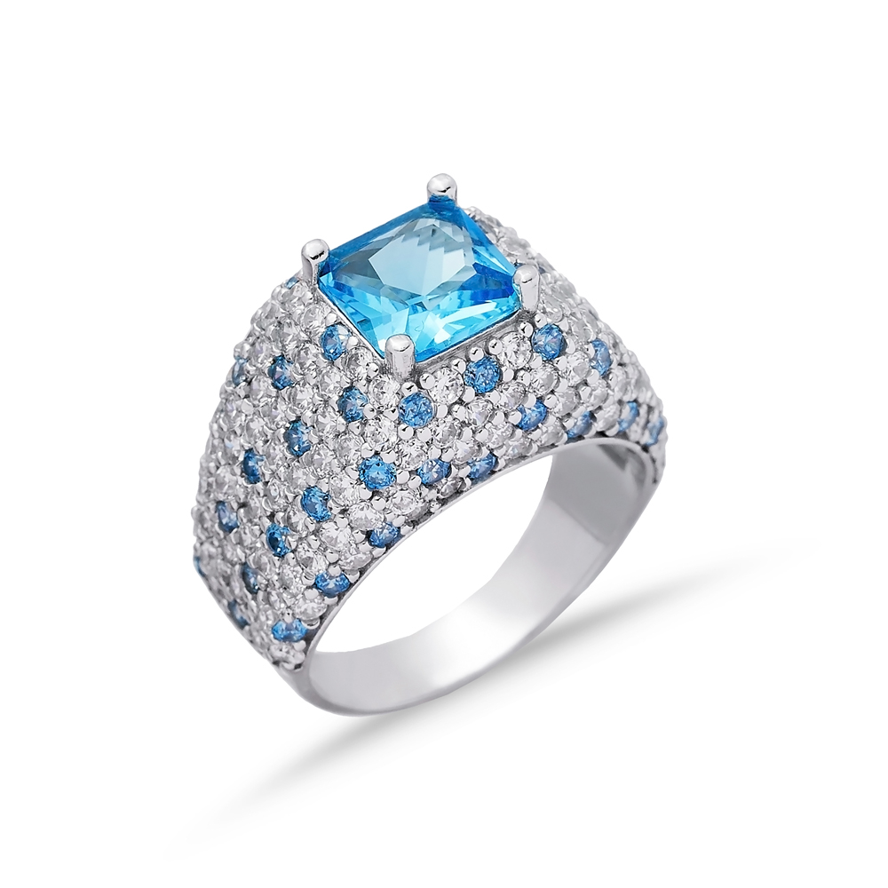 CZ Aquamarine Square Stones Silver Cluster Ring