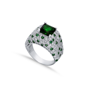 Silver Cluster Ring CZ Emerald Square Stones
