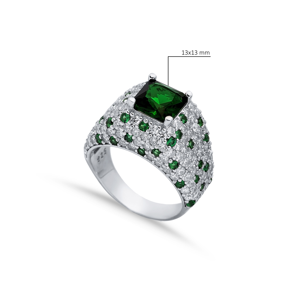 Silver Cluster Ring CZ Emerald Square Stones