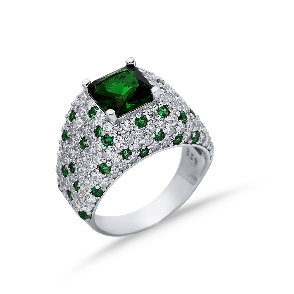 Silver Cluster Ring CZ Emerald Square Stones