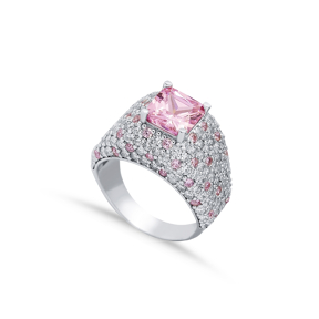 Silver Cluster Ring CZ Pink Quartz Square Stones