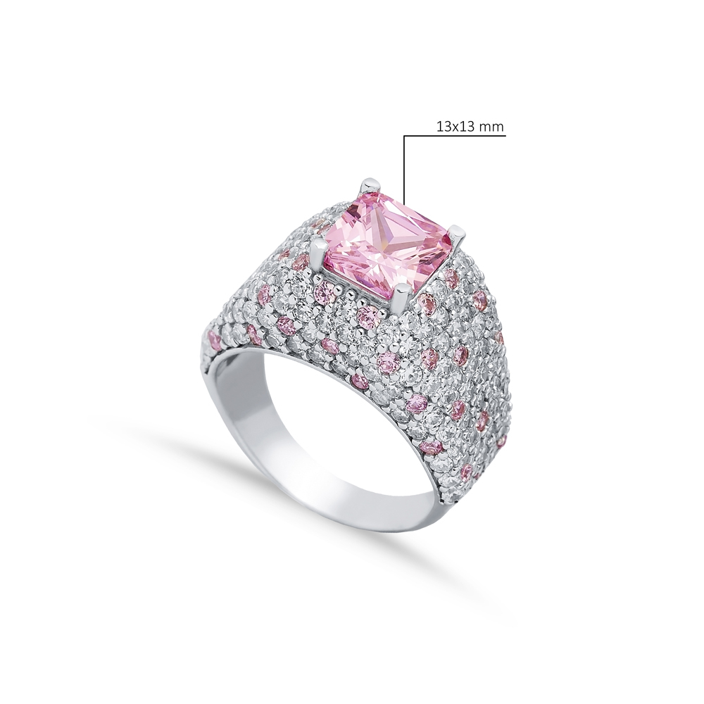 Silver Cluster Ring CZ Pink Quartz Square Stones