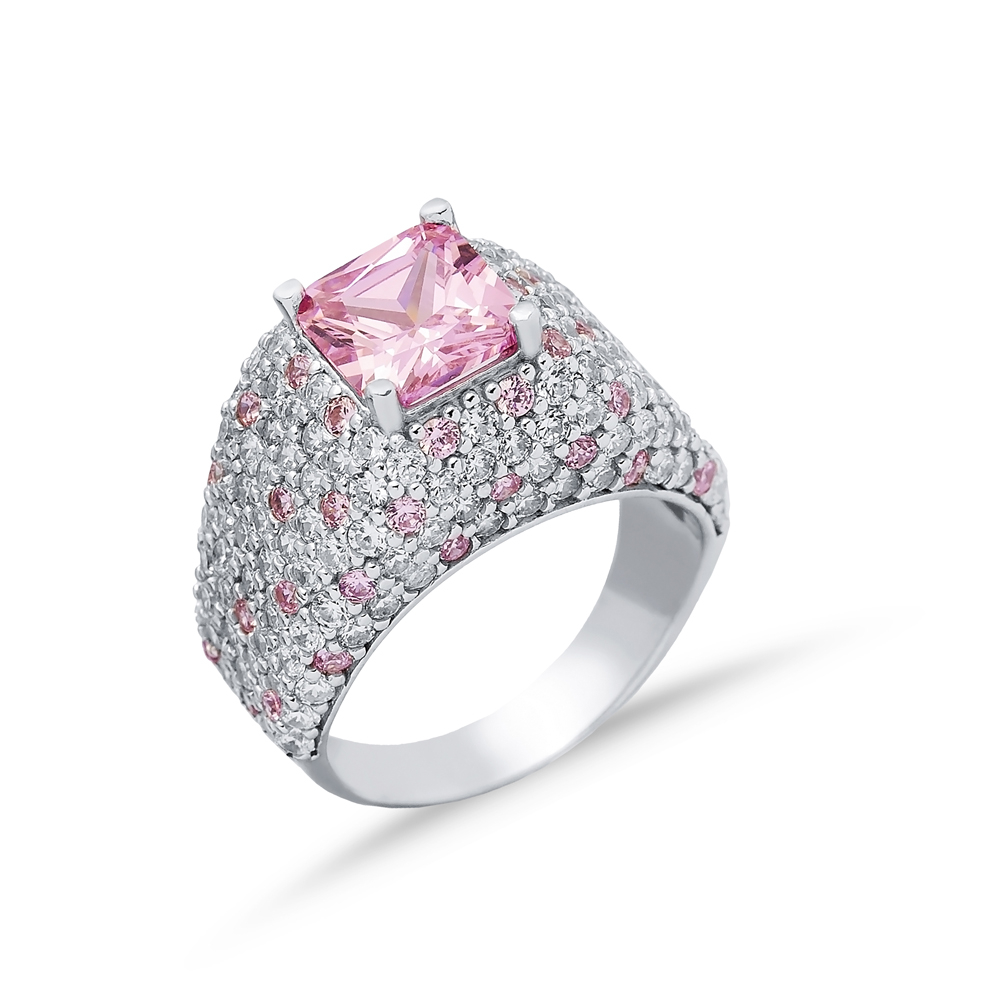 Silver Cluster Ring CZ Pink Quartz Square Stones