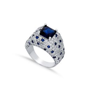 CZ Sapphire Square Stones Silver Cluster Ring